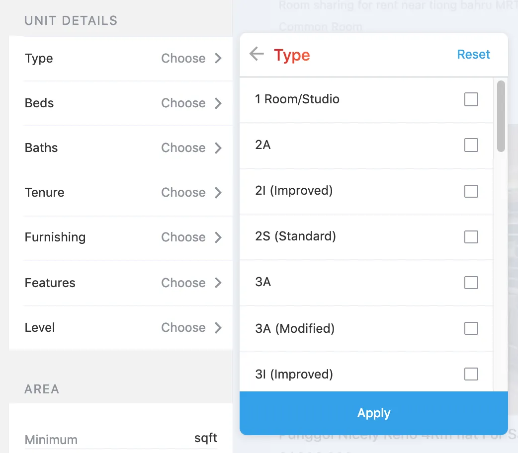 A picker component in the search filters sidebar.