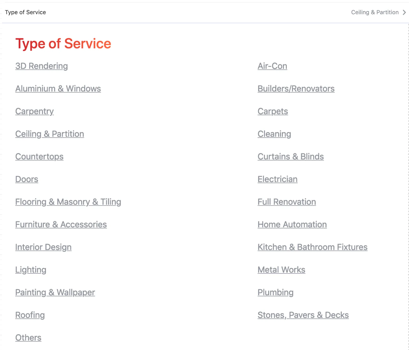 A picker component for the Home Services category.